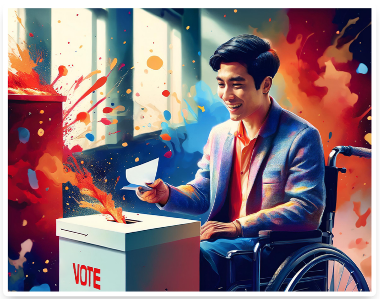 An illustration of a man in a wheelchair at the polls. He is smiling while dropping his ballot in the ballot box. The art style has splashes of red, white, and blue all around the image.